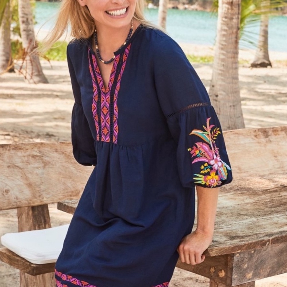 Tommy Bahama Navy Dress with Pink and Orange Embroidery